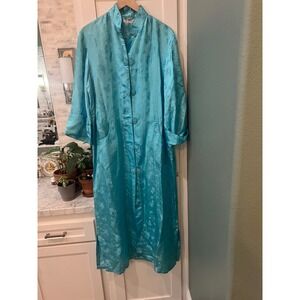 Vintage Double Peach Silk Chinese Gown Robe Aqua Blue Floral Jacquard XL
